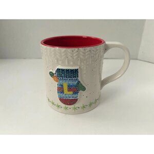 ANTHROPOLOGIE Snow Mitten Glove Monogram Initial Letter L Handled Coffee Cup Mug